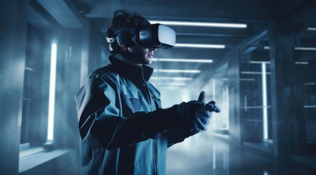 Arquitecto trabajador en traje de protección usando realidad virtual para ver grandes modelos digitales en el estilo de gris oscuro y azul claroGenerative AI AIG21