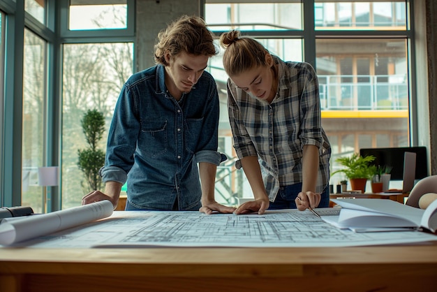 Foto arquitecto trabajando frente a un plano