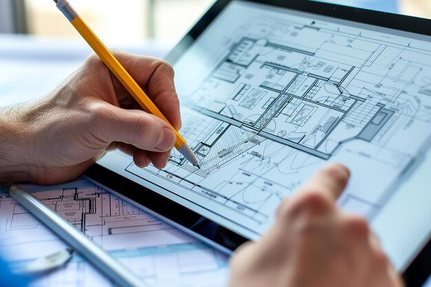 Arquitecto trabajando con planos y computadora portátil con IA generada
