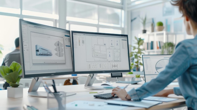 Arquitecto trabajando en planos en un escritorio en una oficina moderna