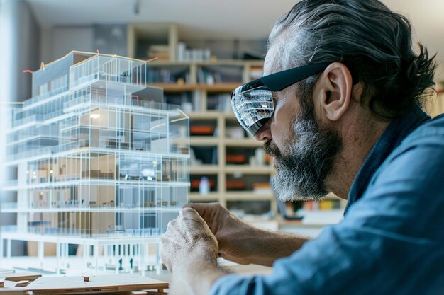 Foto un arquitecto viendo un modelo d de un edificio en una ia generativa