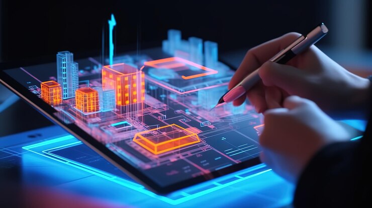 Arquitectos con boceto de holograma de construcción 3d y tableta digital Generativa ai