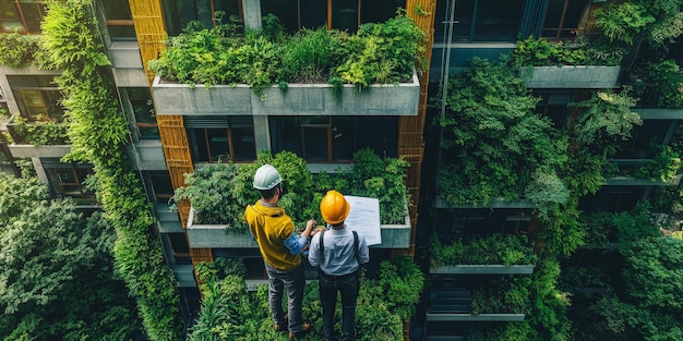 Arquitectos diseñando un edificio verde con jardines en la azotea