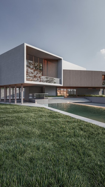 Arquitectura 3d renderizado ilustración de casa mínima con piscina
