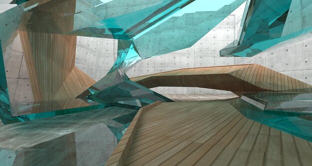 Arquitectura abstracta de hormigón de madera y vidrio interior liso de una casa minimalista