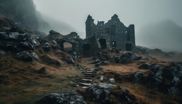 Foto arquitectura antigua en ruinas en una montaña espeluznante una aventura misteriosa espera generada por la inteligencia artificial