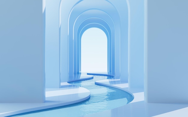 Arquitectura de arco con fondo de agua túnel de arco construcción geométrica representación 3d