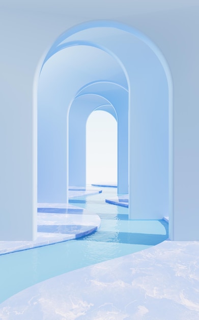 Arquitectura de arco con fondo de agua túnel de arco construcción geométrica representación 3d