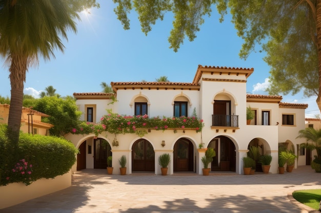 Arquitectura blanca mediterránea tradicional con arco Concepto de vacaciones de verano AI Generado