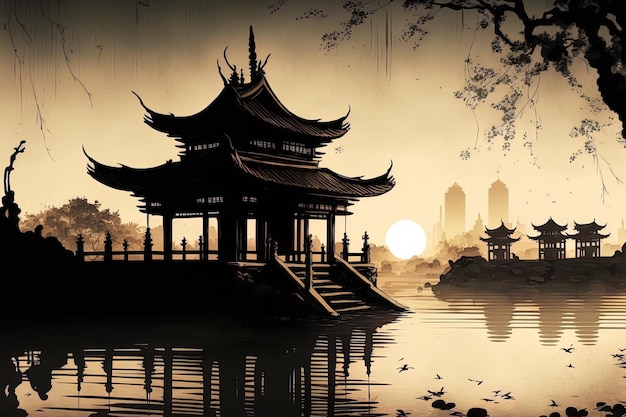 Arquitectura china antigua que está pintada a mano y mira hacia la ciudad