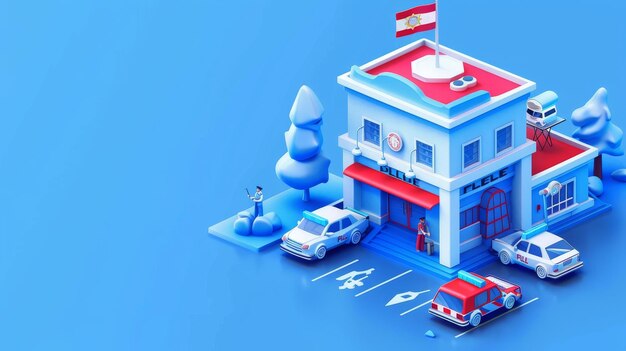 Foto arquitectura de la ciudad de la comisaría 3d ilustración de arte de línea moderna pancarta web de una estación de policía con un edificio del departamento de policía fachada coches de patrulla y bandera ondeando