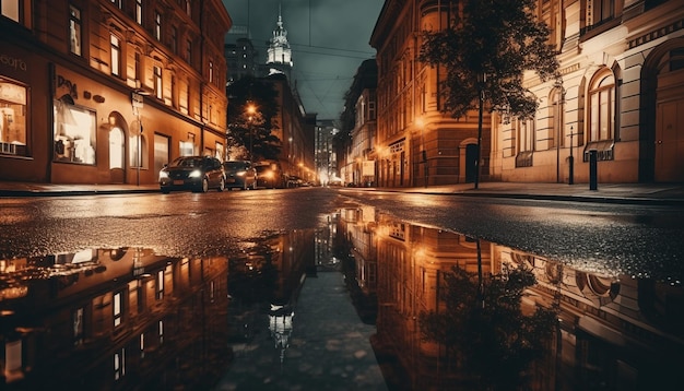 La arquitectura de la ciudad vieja iluminada por las luces de la calle al atardecer generada por AI