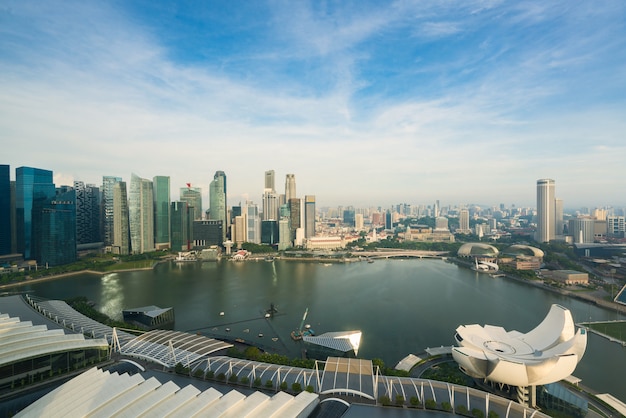 Arquitectura da cidade de Singapura na manhã. Paisagem, de, negócio cingapura, predios, ao redor, baía marina