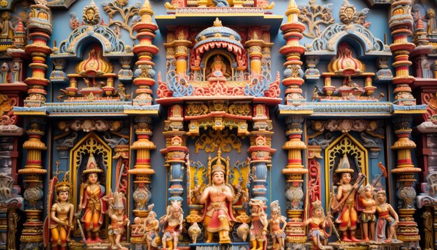 la arquitectura detallada de un templo adornado con decoraciones festivas para Ram Navami