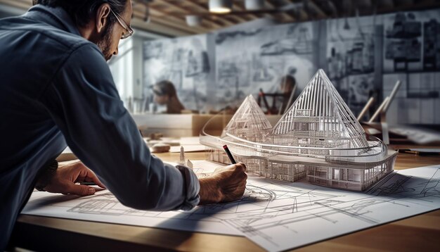 Arquitectura y diseño Un arquitecto que conceptualiza y dibuja diseños de edificios innovadores