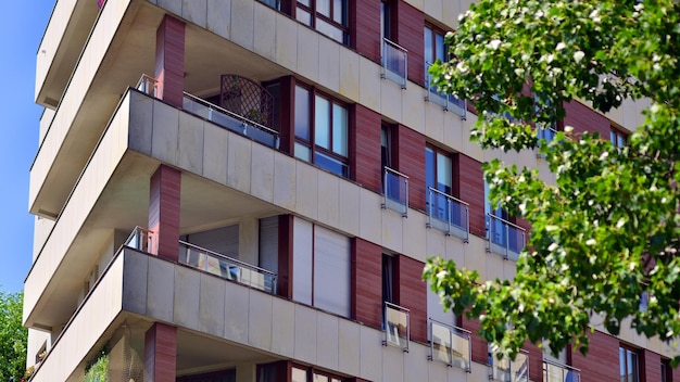 Arquitectura ecológica Árbol verde y edificio de apartamentos La armonía de la naturaleza y la modernidad