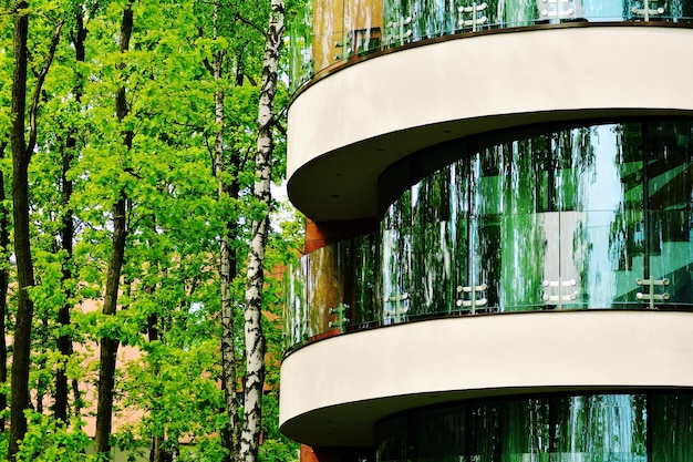 Arquitectura ecológica Árbol verde y edificio de oficinas de cristal La armonía de la naturaleza y la modernidad