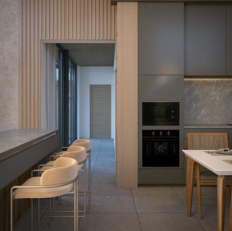 Arquitectura del espacio de la cocina renderización 3D