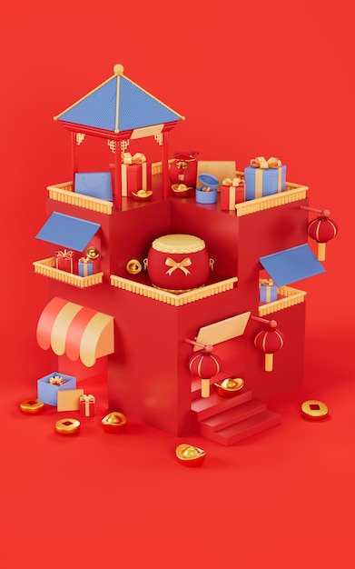 Arquitectura de estilo chino y regalos con renderizado 3d de fondo rojo