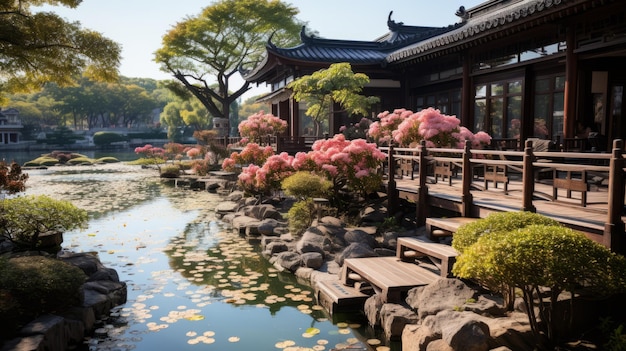 Arquitectura de estilo chino rodeada de un hermoso jardín y un estanque