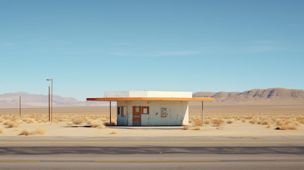 Arquitectura federal minimalista de la gasolinera en el paisaje abrasador del desierto