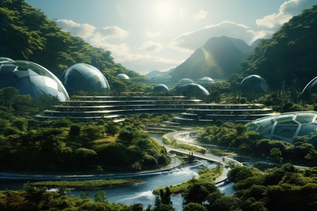 arquitectura futurista de una ciudad ecológica con edificios y vegetación Ilustración