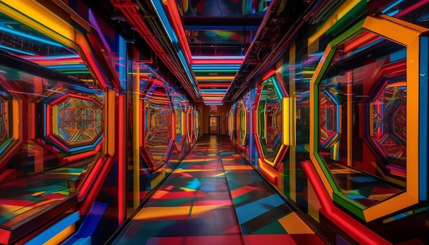 Arquitectura futurista dentro de una discoteca multicolor generada por IA