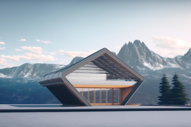 Arquitectura futurista de la entrada de la sala moderna en la montaña con pasillo vacío