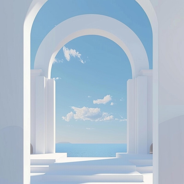 Arquitectura griega tradicional con arco blanco en el cielo azul