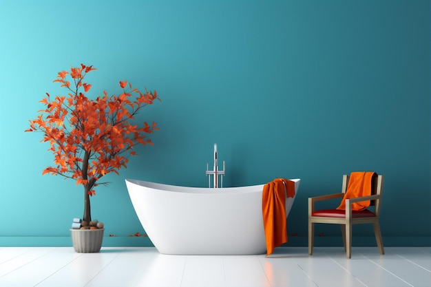 Arquitectura interior de baño minimalista de lujo con tema azul tropical