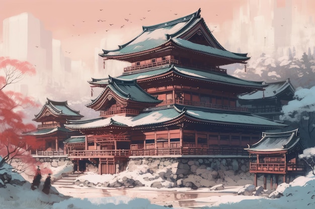 Arquitectura japonesa de invierno Casas de turismo Generate Ai