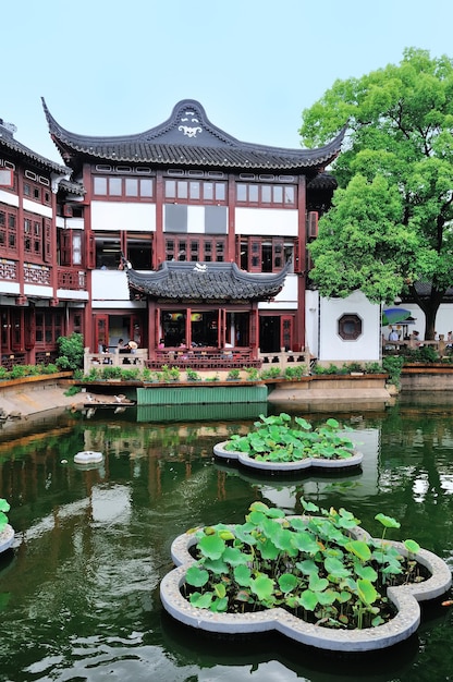 Arquitectura y jardín viejos de la pagoda en Shangai