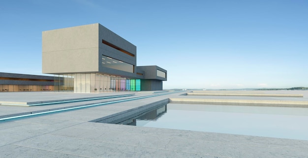 Arquitectura moderna 3D con un estanque