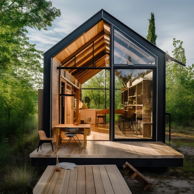 Arquitectura moderna, bosque, pequeña cabaña, casa, imágenes, arte generado por IA