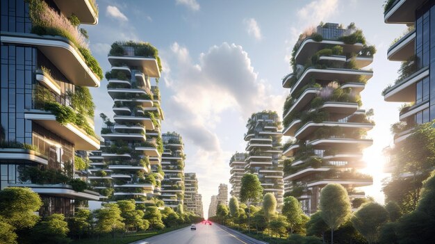 Foto arquitectura moderna en la ciudad cubierta de plantas ilustrador de ia generativa