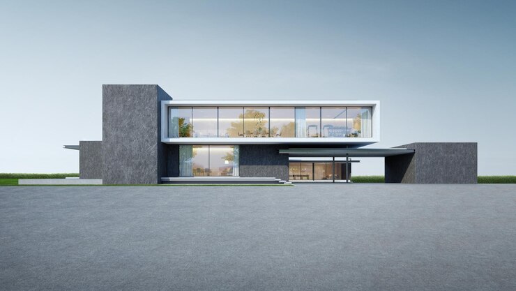 Arquitectura moderna exterior con terreno vacío