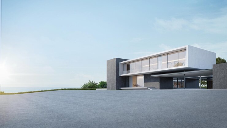 Arquitectura moderna exterior con terreno vacío