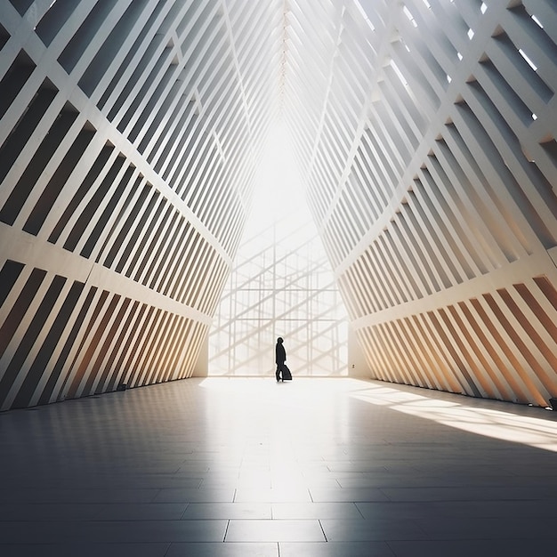 Arquitectura moderna con formas geométricas y una persona parada en el centro.