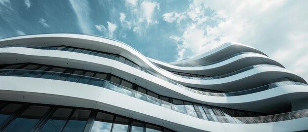 Arquitectura moderna giratoria bañada en la luz del sol con un fondo de cielo azul prístino