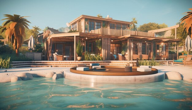 Foto arquitectura moderna de lujo oasis tropical junto a la piscina casa cómoda con vista al atardecer generada por inteligencia artificial