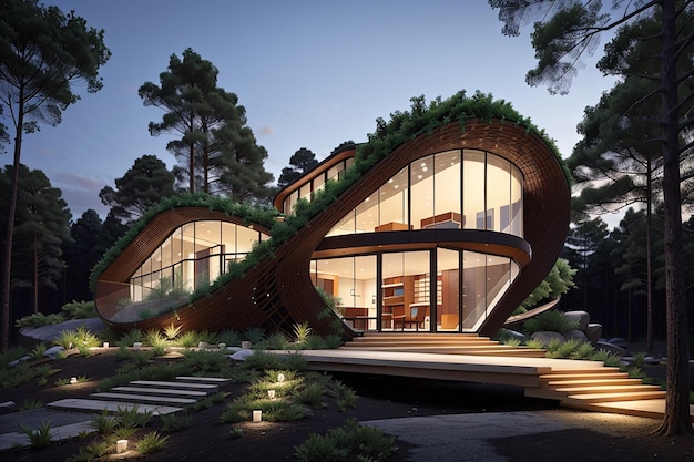 La arquitectura y la naturaleza se fusionan en el diseño moderno del bosque nocturno.