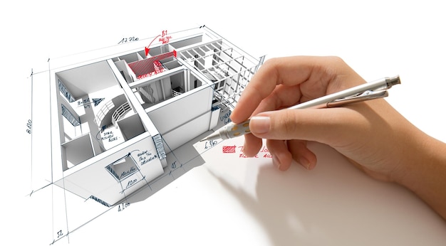 Arquitectura Representación 3D de una casa con una mano garabateando notas e indicaciones