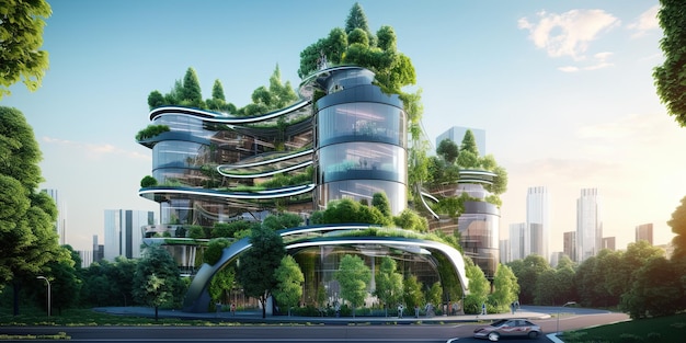 Foto arquitectura verde futurista en la ciudad moderna edificio de oficinas de vidrio sostenible con jardín vertical edificio de oficina con entorno verde edificio corporativo ecológico