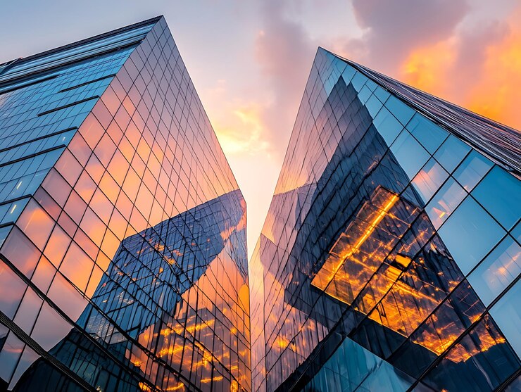 Arquitectura de vidrio futurista con ventanas reflectantes curvas y líneas limpias que crean una estructura moderna, elegante y abstracta perfecta para fondos arquitectónicos