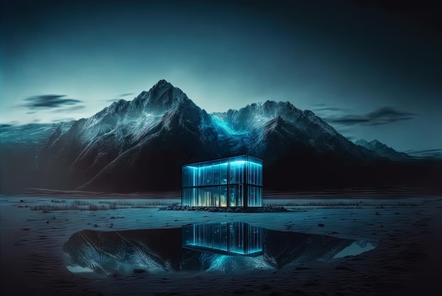 Arquitectura de vidrio en el paisaje de montaña Abstracción arquitectónica combinada con naturaleza IA generada