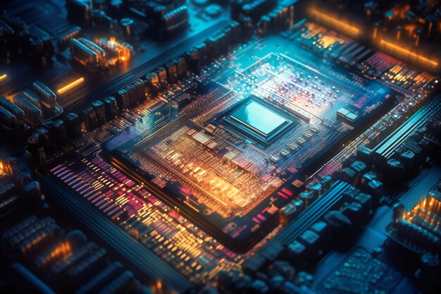 Foto las arquitecturas de microchip sofisticadas brindan una potencia de procesamiento sin precedentes que permiten avances revolucionarios en computación e inteligencia artificial.