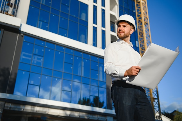 Foto arquiteto com capacete escrevendo algo perto do novo prédio