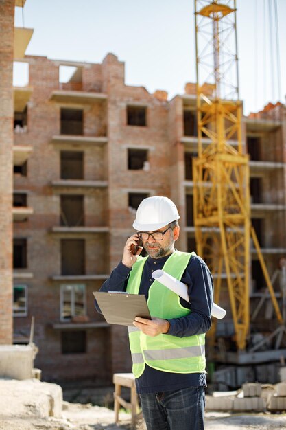 Arquiteto com papéis em um local de construção falando ao telefone