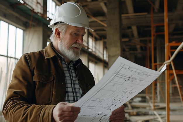 Arquiteto de chapéu duro segurando planos no local de construção com IA gerada