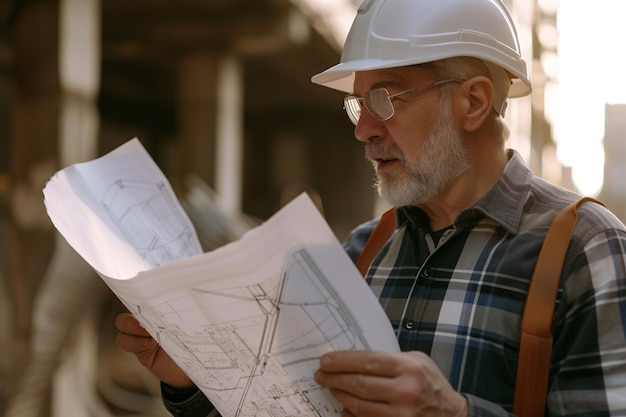 Arquiteto de chapéu duro segurando planos no local de construção com IA gerada